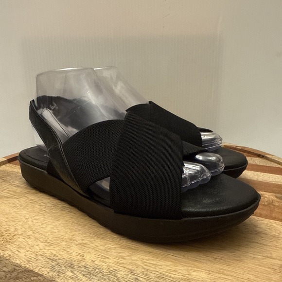 EILEEN FISHER Trek Mesh Black Cross Strap Platform Wedge Slingback Sandals 8M - Picture 1 of 10